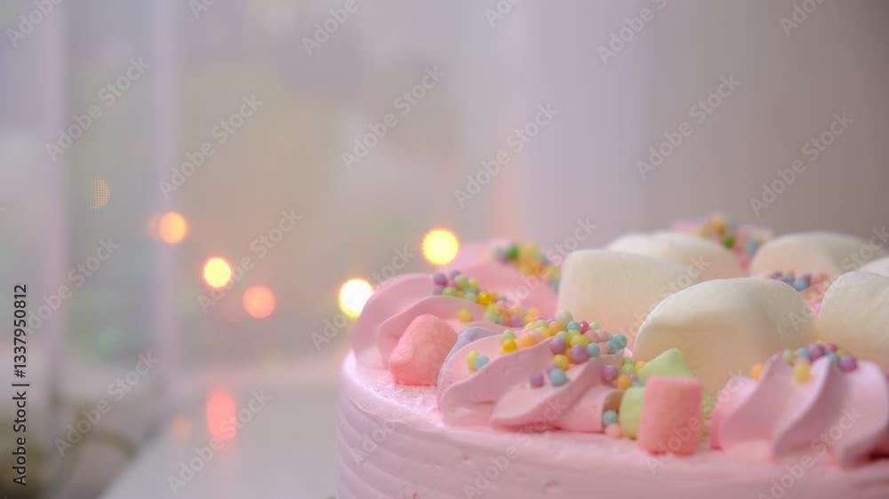 Arranged cream marshmallow cake for festive event. Sweet food, perfect for children's parties. Details of dessert table. Wedding accessories in a soft pink presentation. Decoration wedding party Arranged cream marshmallow cake for festive event. Sweet food, perfect for children's parties. Details of dessert table. Wedding accessories in a soft pink presentation. Decoration wedding party