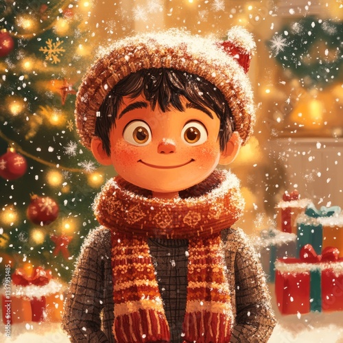 A Christmas Wish: A Boy's Delightful Winter Scene with a Decorated Tree and Falling Snow, Joyfully Anticipating Holiday Gifts.