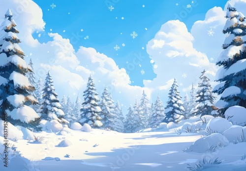 Wallpaper Mural Snow-covered forest under a bright blue sky with drifting snowflakes. Torontodigital.ca