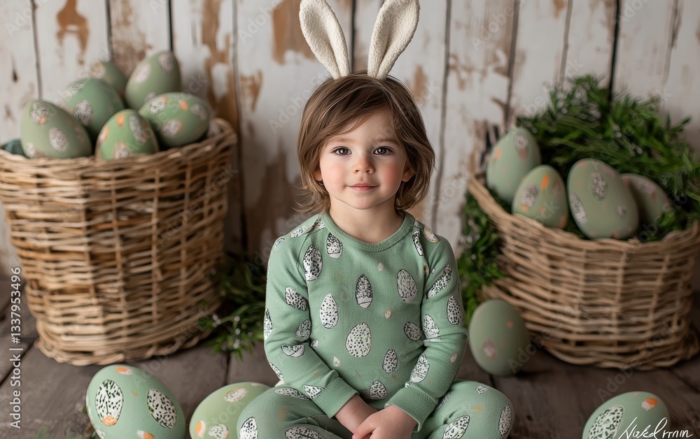 Fototapeta premium A little girl sits on the floor surrounded by colorful Easter eggs.