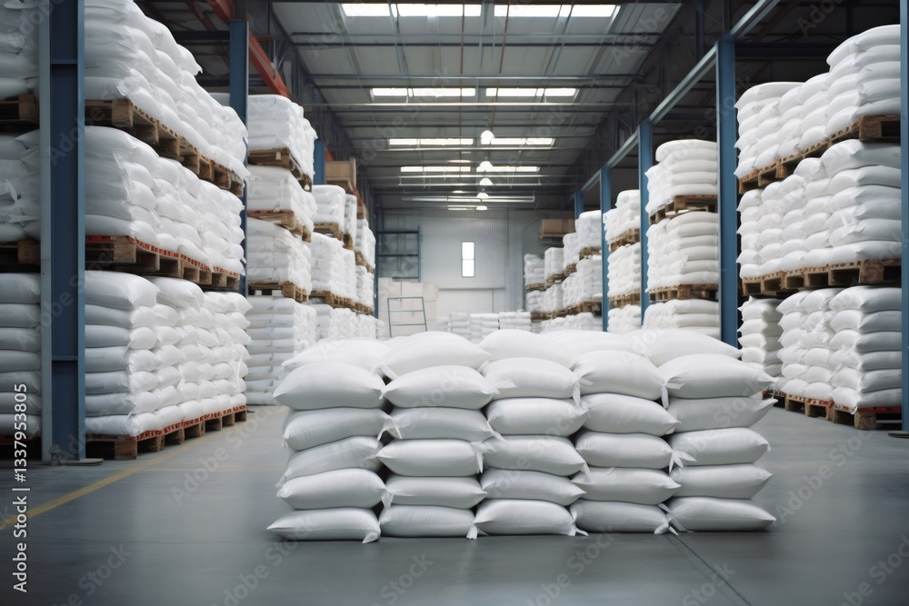 Fototapeta premium White sacks neatly stacked on pallets filling warehouse storage space