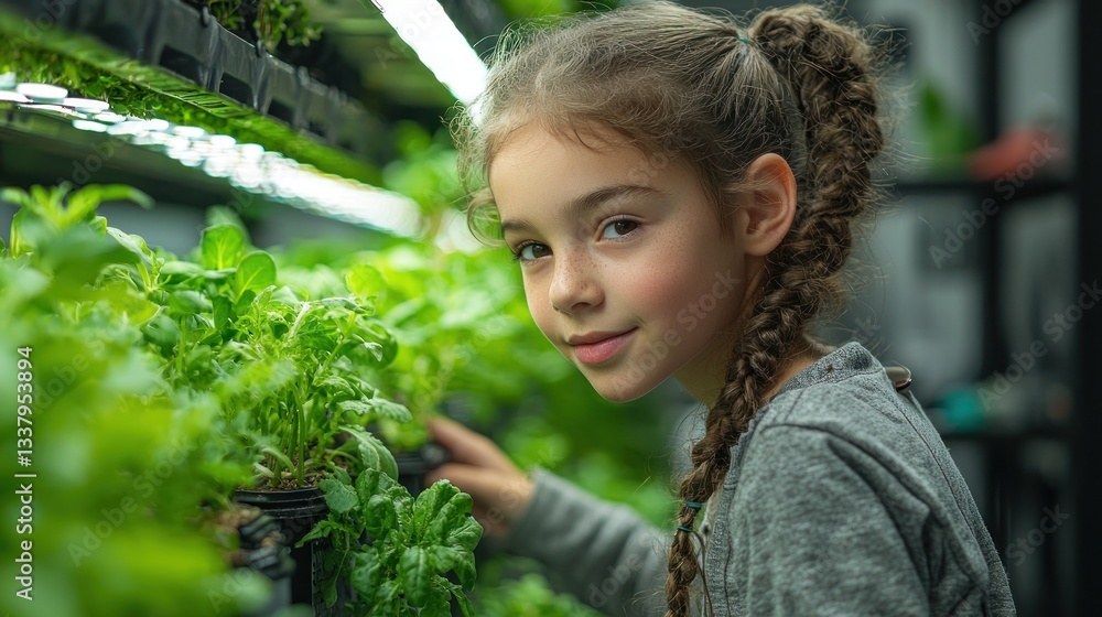 Girl tending plants in indoor vertical garden. Girl tending plants in indoor vertical garden.