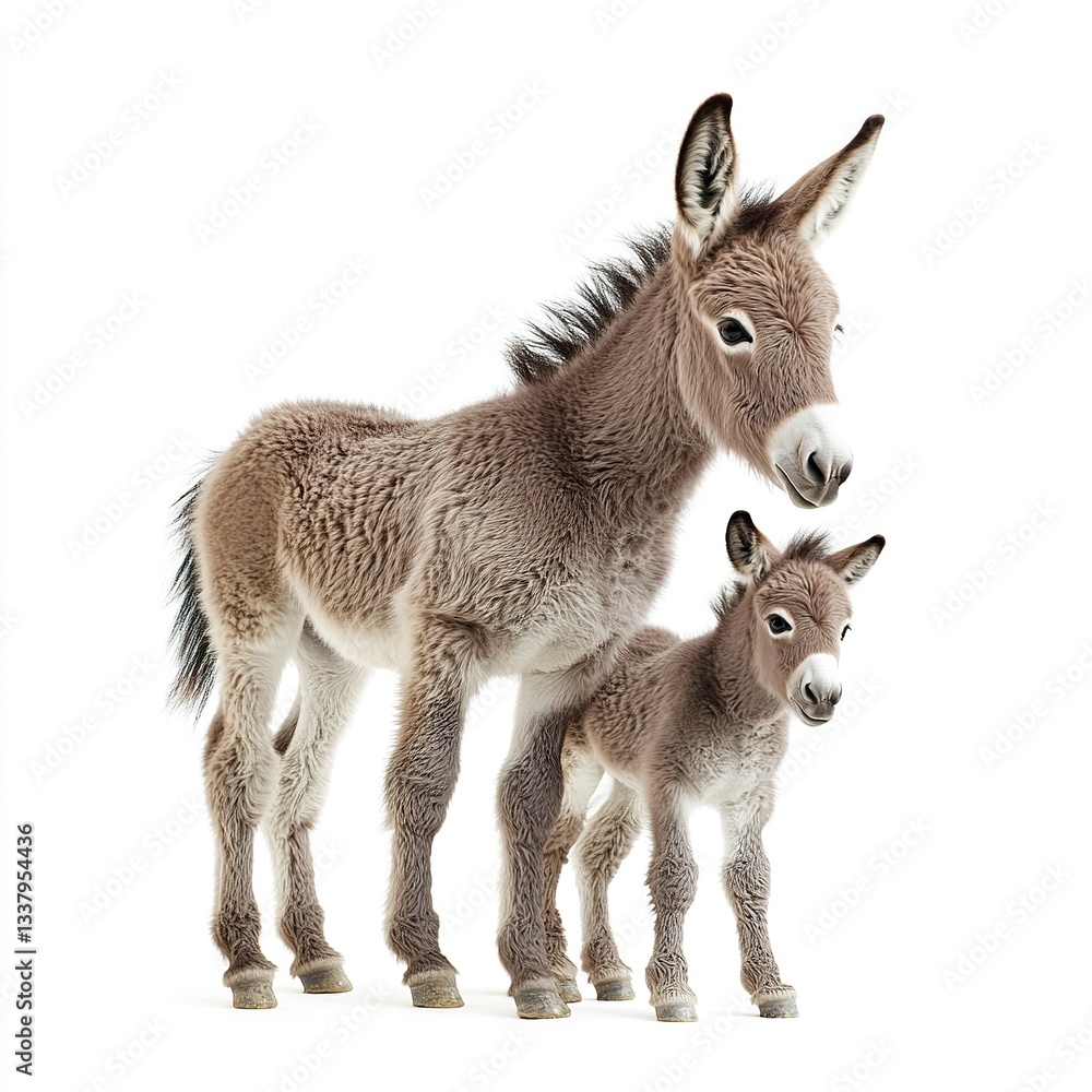 Fototapeta premium A donkey foal standing next to its mother, soft fur detailed, natural lighting, side view, white background. 