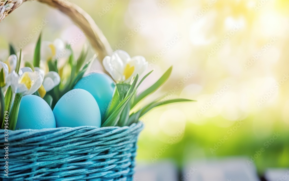 Fototapeta premium Blue eggs nestled in a basket adorned with delicate white flowers for Easter celebration.