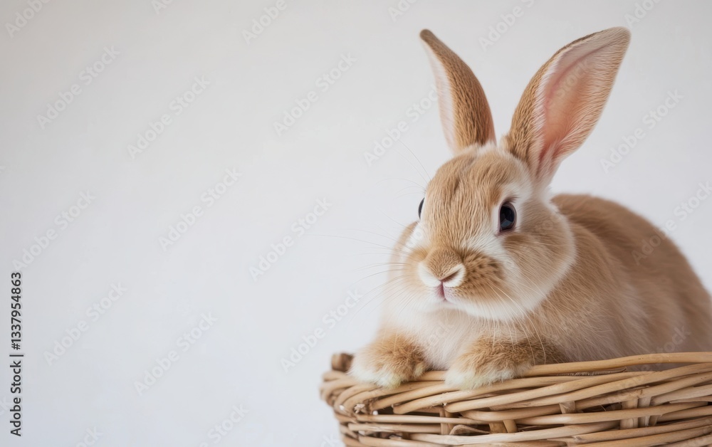 Obraz premium Small rabbit rests in a basket on a table, embodying the festive spirit of Easter.