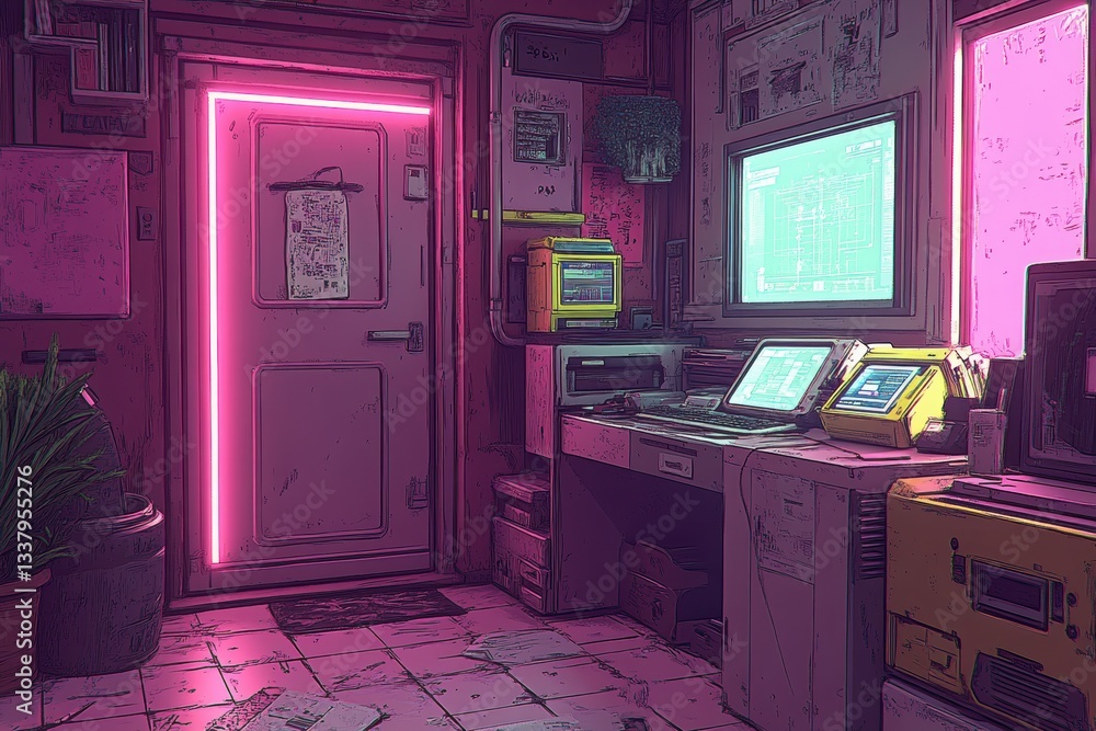 A vibrant, retro-themed room featuring neon lighting, vintage electronics, and a unique blend of decor elements. A vibrant, retro-themed room featuring neon lighting, vintage electronics, and a unique blend of decor elements.