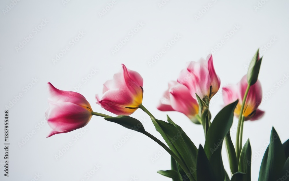 Three pink flowers bloom beautifully in a vase placed on a table, celebrating spring's arrival. Three pink flowers bloom beautifully in a vase placed on a table, celebrating spring's arrival.