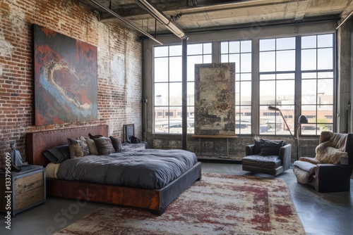 Wallpaper Mural An industrial bedroom showcasing exposed brick walls, metal accents, and reclaimed wood furniture.  Torontodigital.ca