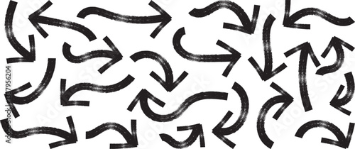  Set of simple lines hand drawn black arrows in various style. Bold brush drawn curved arrows. Hand drawn vector thick marker arrows. Arrow mark icons and arrow paint. Stock vector. EPS10.