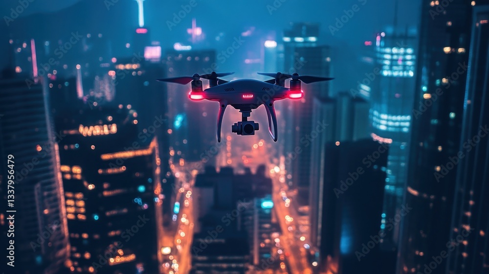 Fototapeta premium Futuristic drone flight over illuminated cityscape at night, urban technology