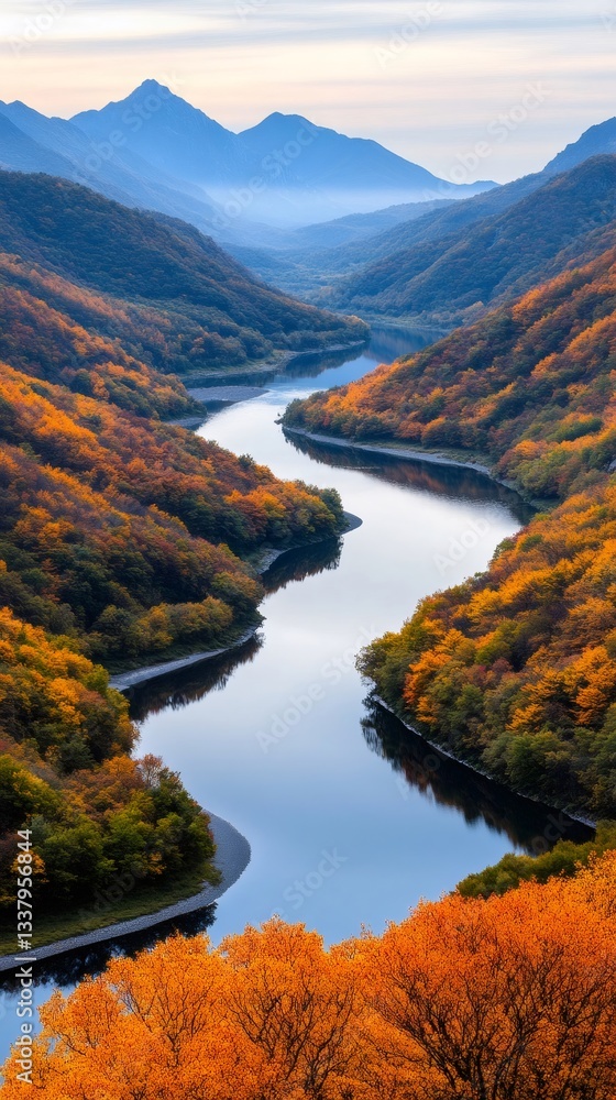 Naklejka premium Winding river flowing through colorful autumn valley in the mountains