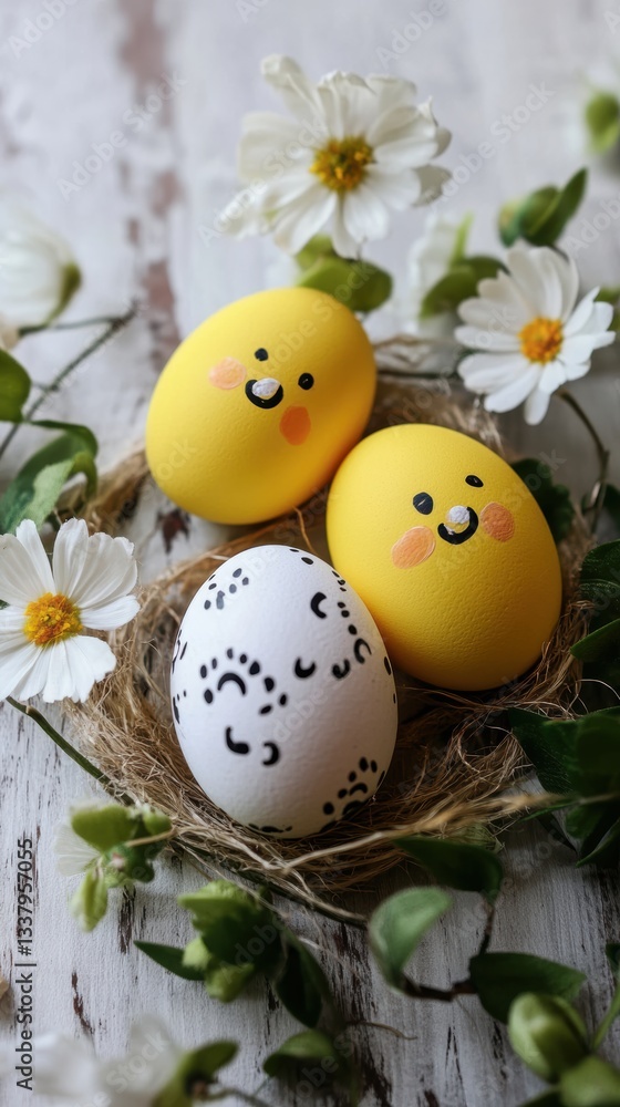 Obraz premium Three colorful eggs with painted faces nestled in a cozy nest.