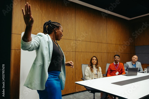 Business presentation in a modern conference room with diverse team