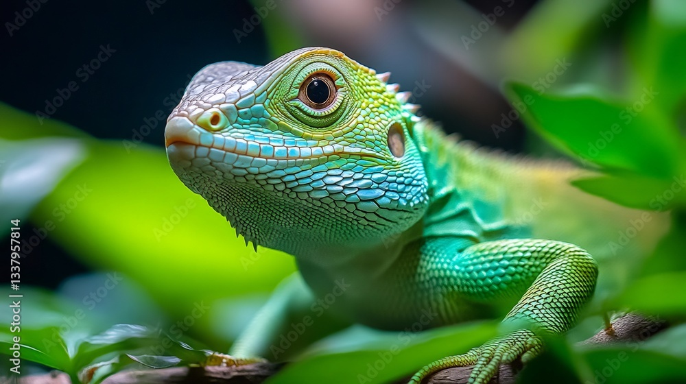 Obraz premium Chinese water dragon resting on a branch in the rainforest