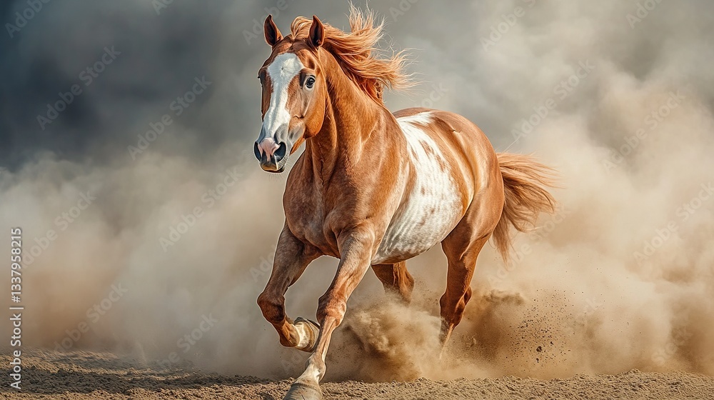 Obraz premium A dynamic front-facing shot of a red piebald horse charging forward, its mane flying as it gallops, dust swirling beneath its hooves, cinematic telephoto perspective