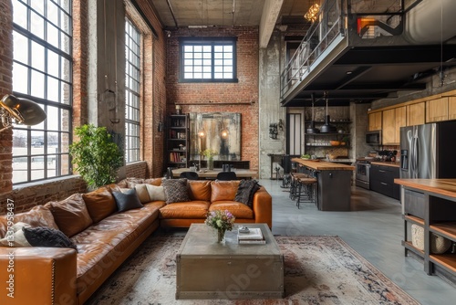 An industrial loft with a raw, unfinished look, showcasing exposed brick walls, metal fixtures,