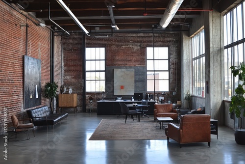 Wallpaper Mural An industrial office showcasing exposed brick walls, metal accents, and reclaimed wood furniture.  Torontodigital.ca