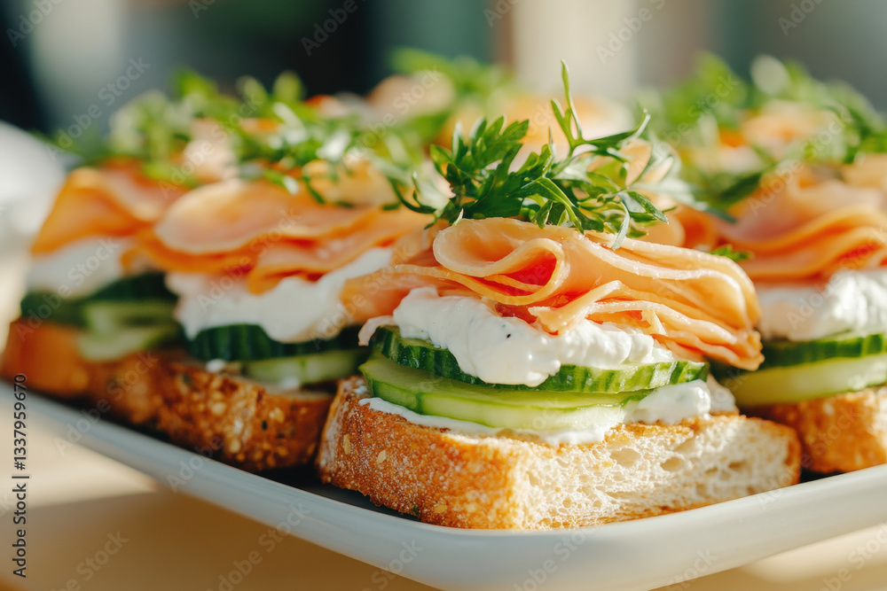 Delicious open faced sandwiches with smoked salmon, cream cheese, and fresh herbs on rustic bread Delicious open faced sandwiches with smoked salmon, cream cheese, and fresh herbs on rustic bread