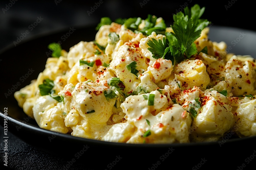 Delicious Creamy Egg Salad with Herbs and Spices Close Up View Delicious Creamy Egg Salad with Herbs and Spices Close Up View