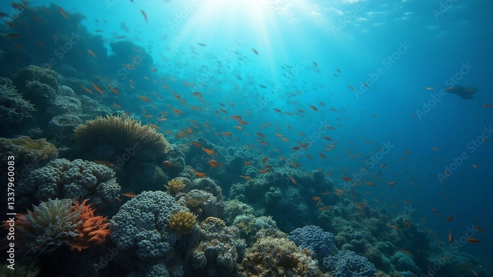 Naklejka premium Vibrant Coral Reef with Tropical Fish Shoals in Sunlit Crystal Clear Waters