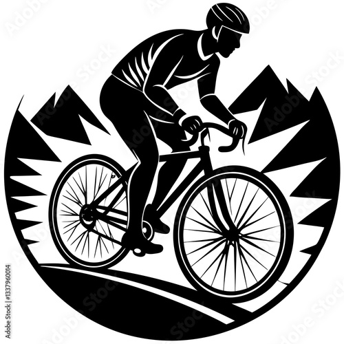 Silhouette of a cyclist riding on a mountain trail, symbolizing endurance and adventure 