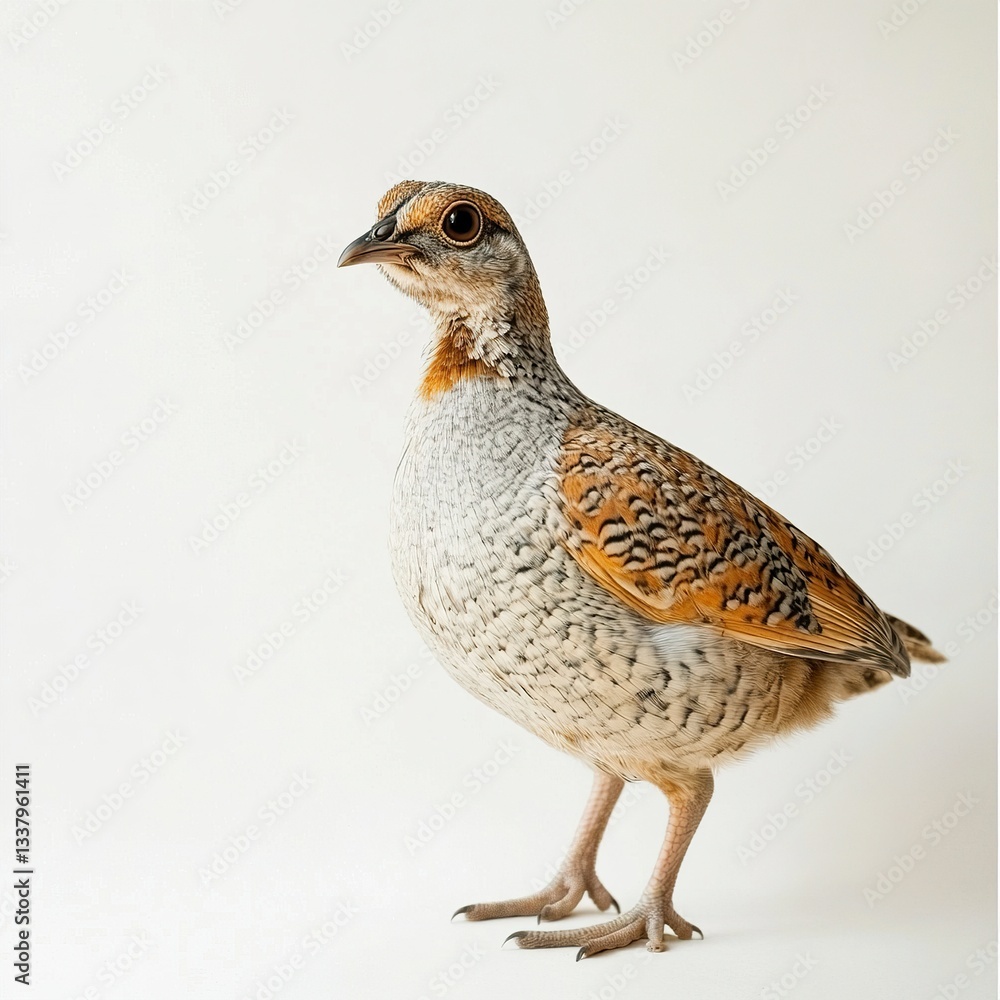A farmyard quail standing alone, detailed feathers, soft natural lighting, side view, white backdrop A farmyard quail standing alone, detailed feathers, soft natural lighting, side view, white backdrop