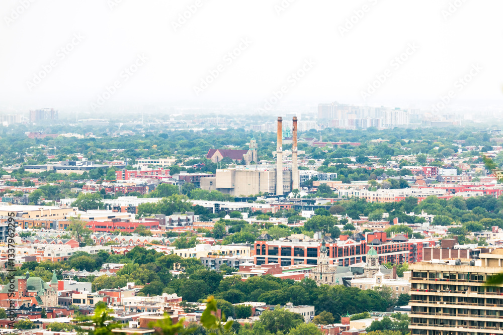 Fototapeta premium aerial view of city of Montreal in a foggy day