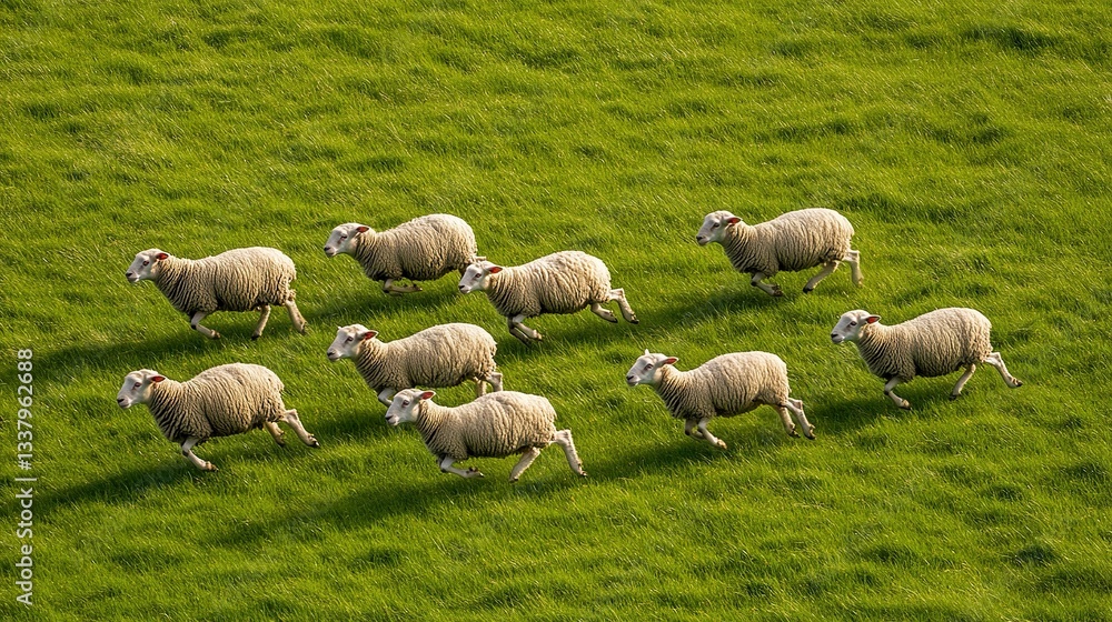 A flock of sheep running in the green meadow aerial view A flock of sheep running in the green meadow aerial view
