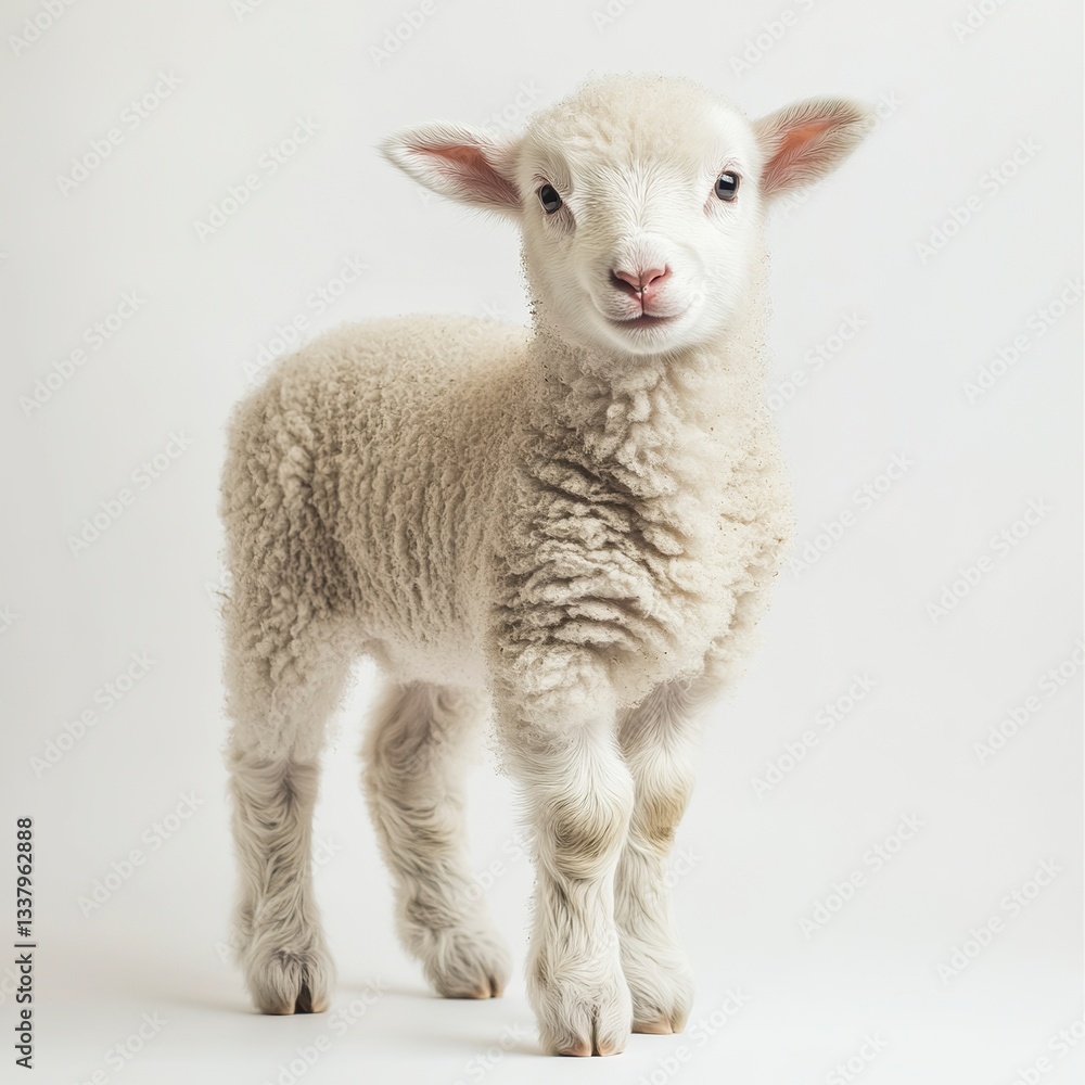 Fototapeta premium A fluffy lamb standing in the center, soft fleece detailed, even lighting, full-body shot, white backdrop. 