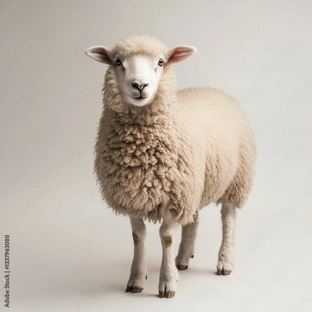 Obraz premium A fluffy sheep standing still, wool textures detailed, diffused studio lighting, full-body shot, white backdrop. 