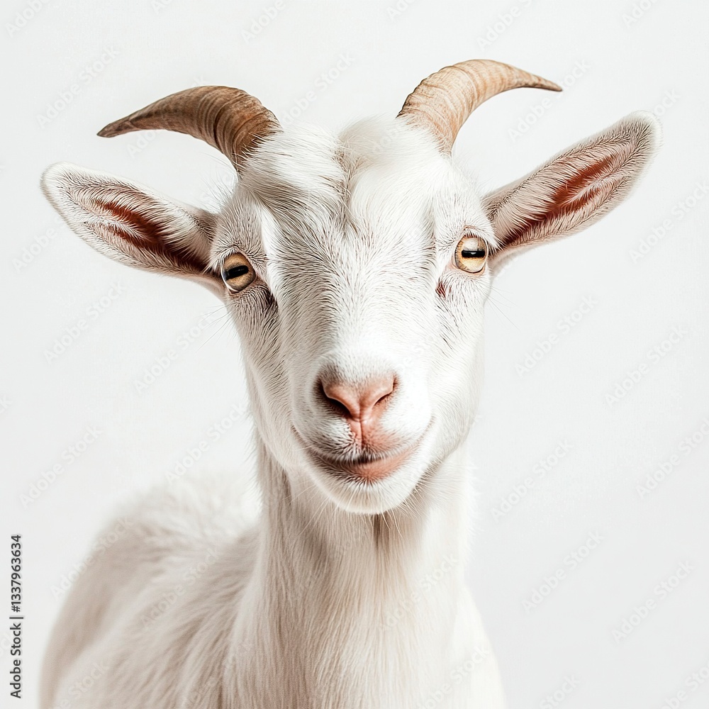 Fototapeta premium A friendly dairy goat looking at the camera, soft fur texture detailed, natural pose, high-key lighting, crisp white background. 