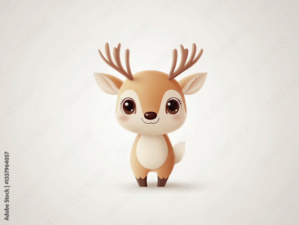 Fototapeta premium A friendly reindeer in a minimalist vector style, its big eyes and tiny hooves making it irresistibly adorable, perfectly centered on a white backdrop. 