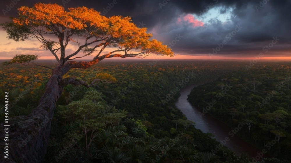 Fototapeta premium Amazon Rainforest Sunset Panoramic Vista River Treetop View