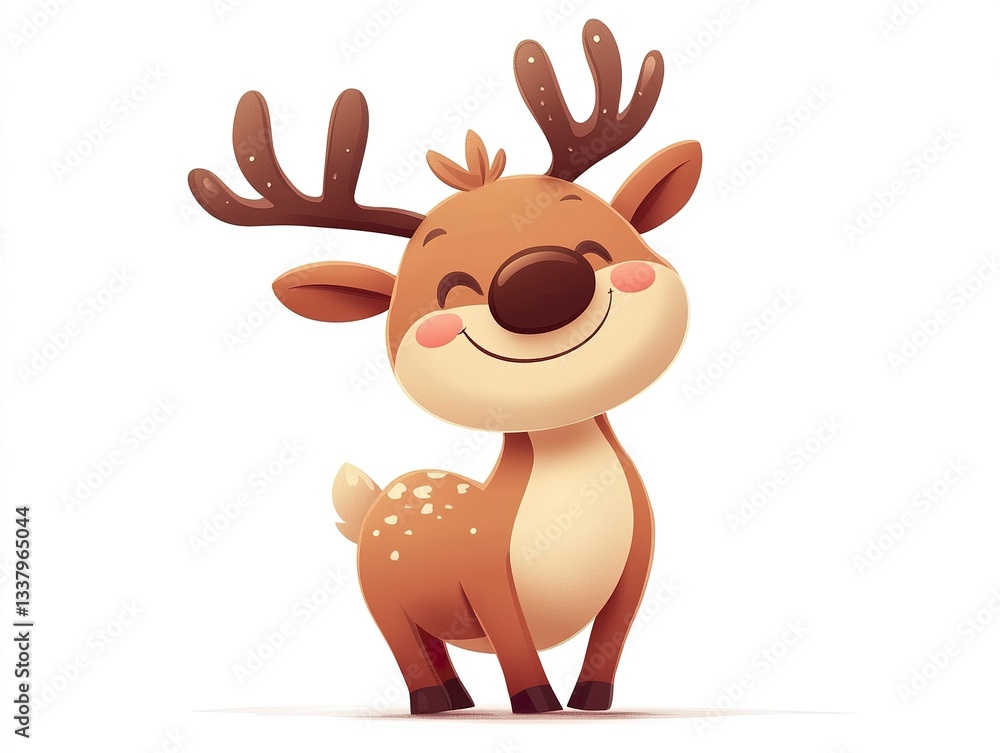 Obraz premium A fun and quirky vector illustration of a reindeer with oversized antlers and a happy smile, its rounded body adding to its cuteness, perfectly set against a white backdrop. 