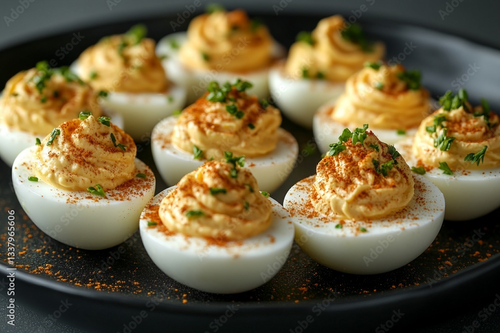 Delicious Deviled Eggs Garnishes Paprika and Chives Appetizer Food Photography Delicious Deviled Eggs Garnishes Paprika and Chives Appetizer Food Photography