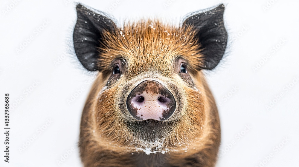 A funny pig with its head slightly tilted, looking playful and full of personality, isolated beautifully against a bright white background, telephoto shot. A funny pig with its head slightly tilted, looking playful and full of personality, isolated beautifully against a bright white background, telephoto shot.