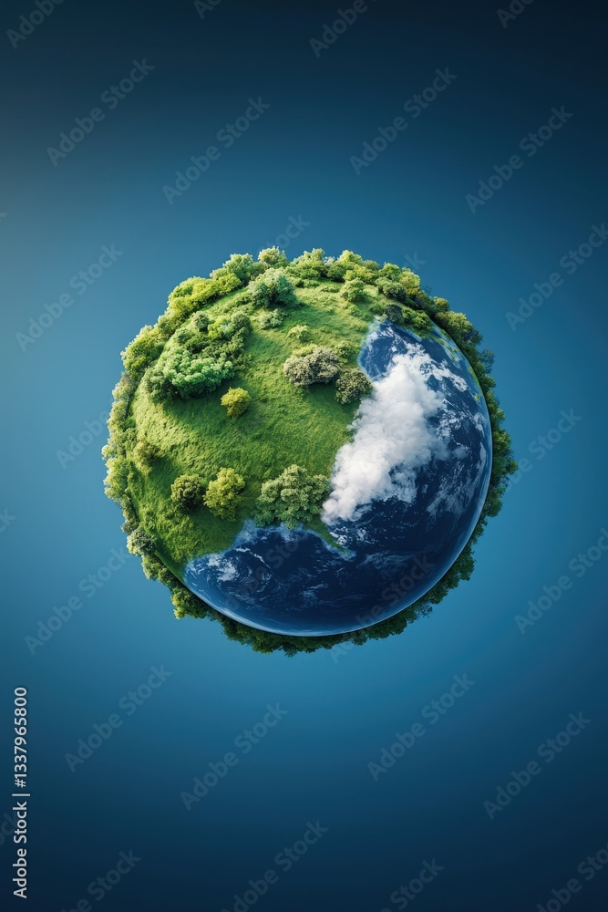 Fototapeta premium Lush Green Planet with Trees and Clouds against Blue Background