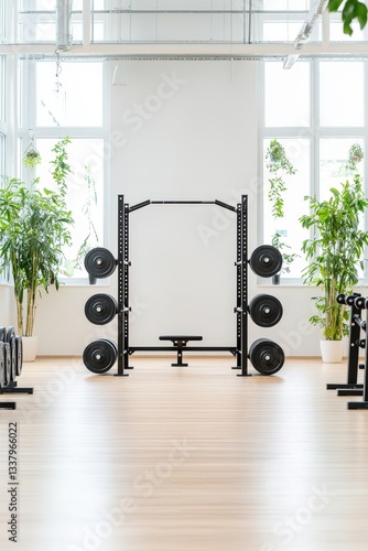 Modern Gym Interior with Weightlifting Equipment and Natural Light