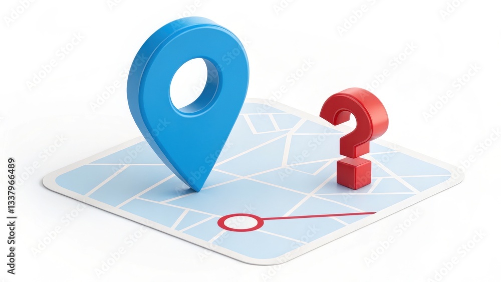 Navigating Uncertainty: A 3D rendered map with a blue location pin and a red question mark signifies travel dilemmas and seeking direction. Navigating Uncertainty: A 3D rendered map with a blue location pin and a red question mark signifies travel dilemmas and seeking direction.
