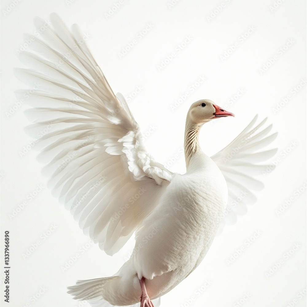 Obraz premium A goose stretching its wings, soft white feathers, dramatic lighting, full-body shot, pure white background. 