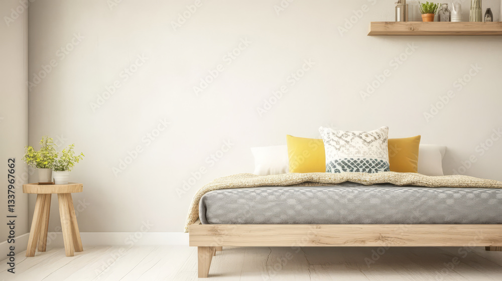 Naklejka premium Cozy bedroom setup with minimalistic design and natural light during daytime
