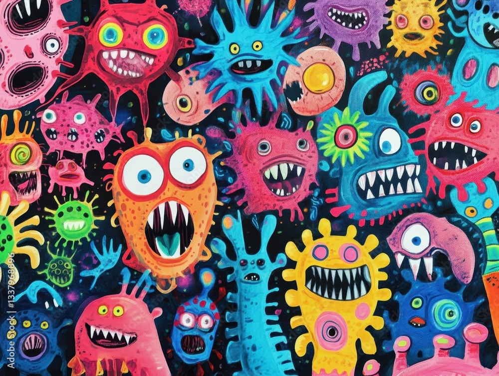 Fototapeta premium Colorful Cartoon Monsters Illustration Dark Background