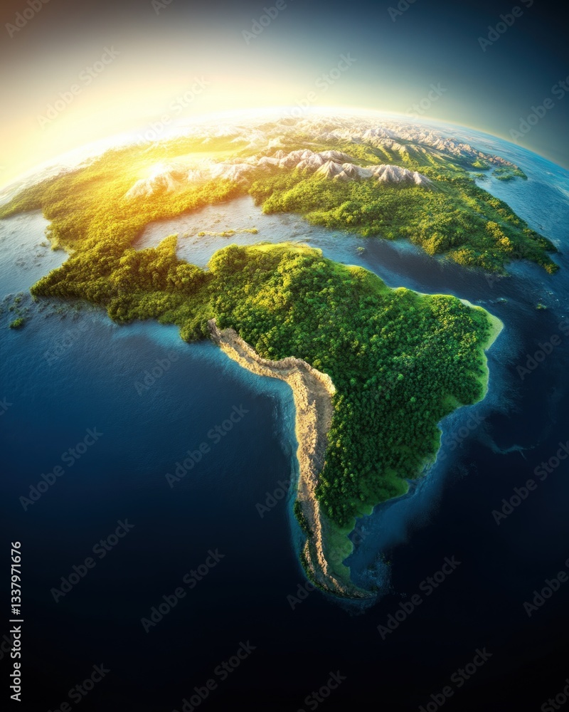 Fototapeta premium Earth's lush landscapes and vibrant ecosystems aerial view nature photography sunrise over south america