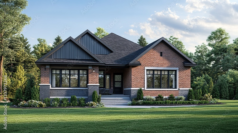 Front view of a small brick house with a large yard Front view of a small brick house with a large yard