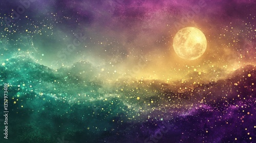 Magical Night Sky with Full Gold Moon over Green and Purple Mountains photo