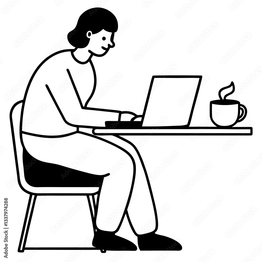 Silhouette of a person sitting and working on a laptop, with a coffee cup placed beside them on the table Silhouette of a person sitting and working on a laptop, with a coffee cup placed beside them on the table