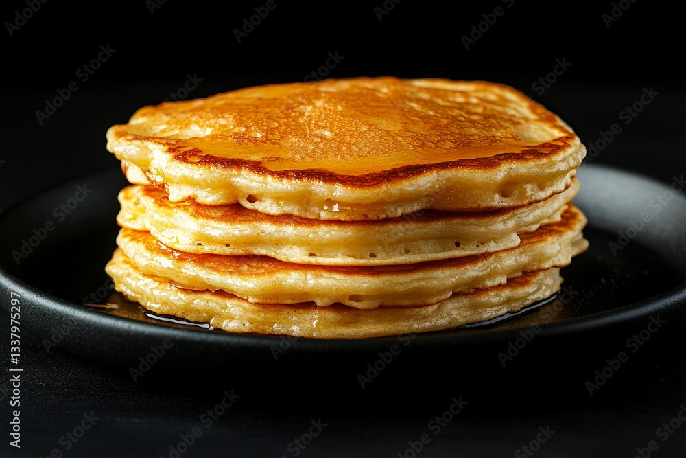 Delicious Golden Brown Pancakes Stack Drizzled with Sweet Syrup on Black Plate Delicious Golden Brown Pancakes Stack Drizzled with Sweet Syrup on Black Plate
