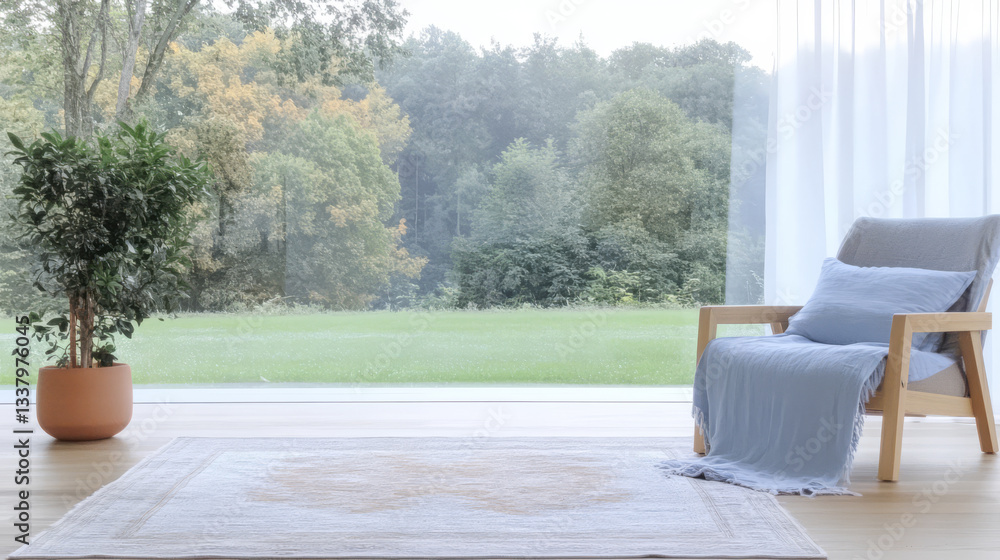 Fototapeta premium Modern interior design featuring a cozy chair and scenic nature view in the backdrop