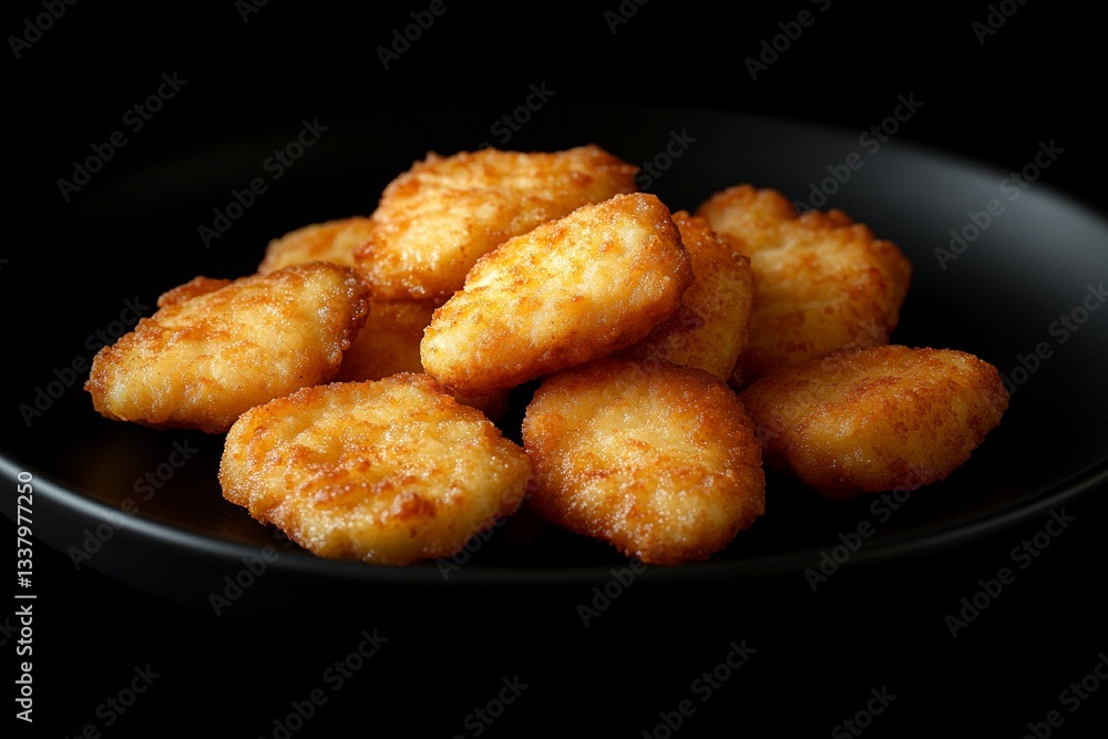Golden Brown Crispy Chicken Nuggets on Black Plate Close Up Food Photography Golden Brown Crispy Chicken Nuggets on Black Plate Close Up Food Photography