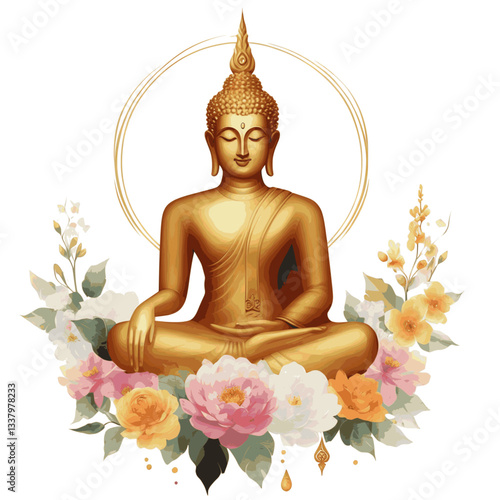 Gold Buddha statue watercolor paint vector illustration